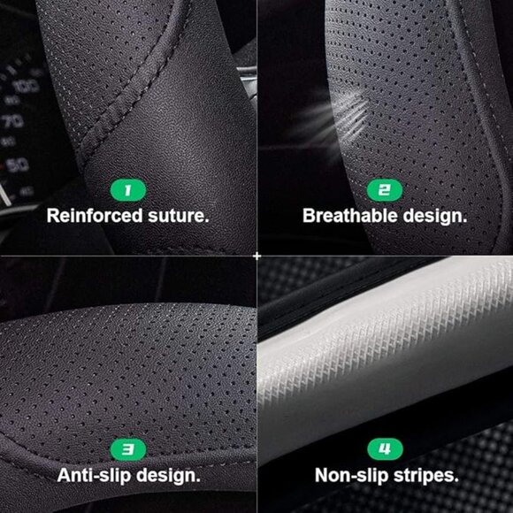 Steering Wheel Cover,14.5-15 Inch Black Universal Microfiber Leather/ NEW - Picture 2 of 5